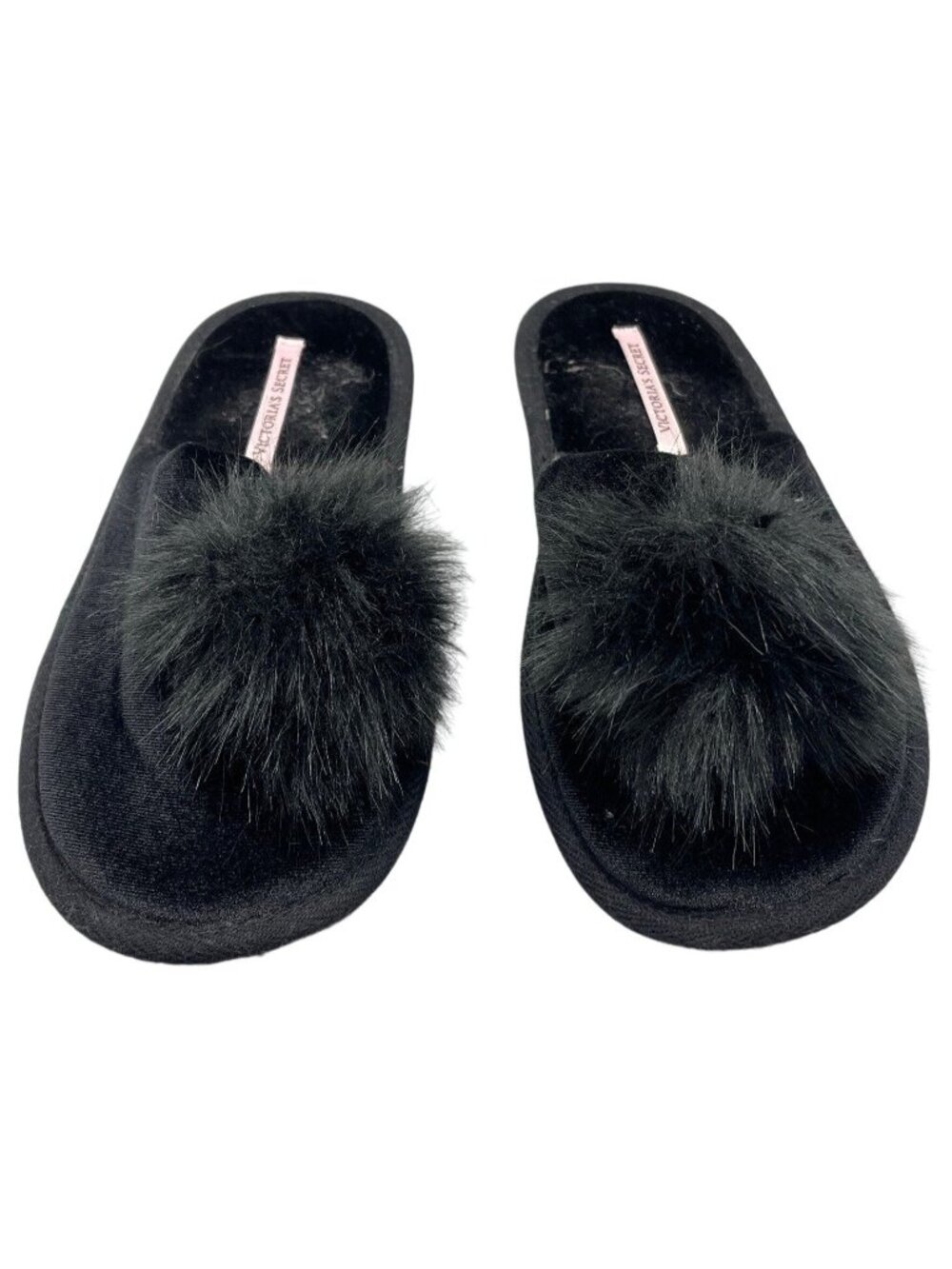 Victoria's Secret slippers black with fur ball on top small petite slip-on READ